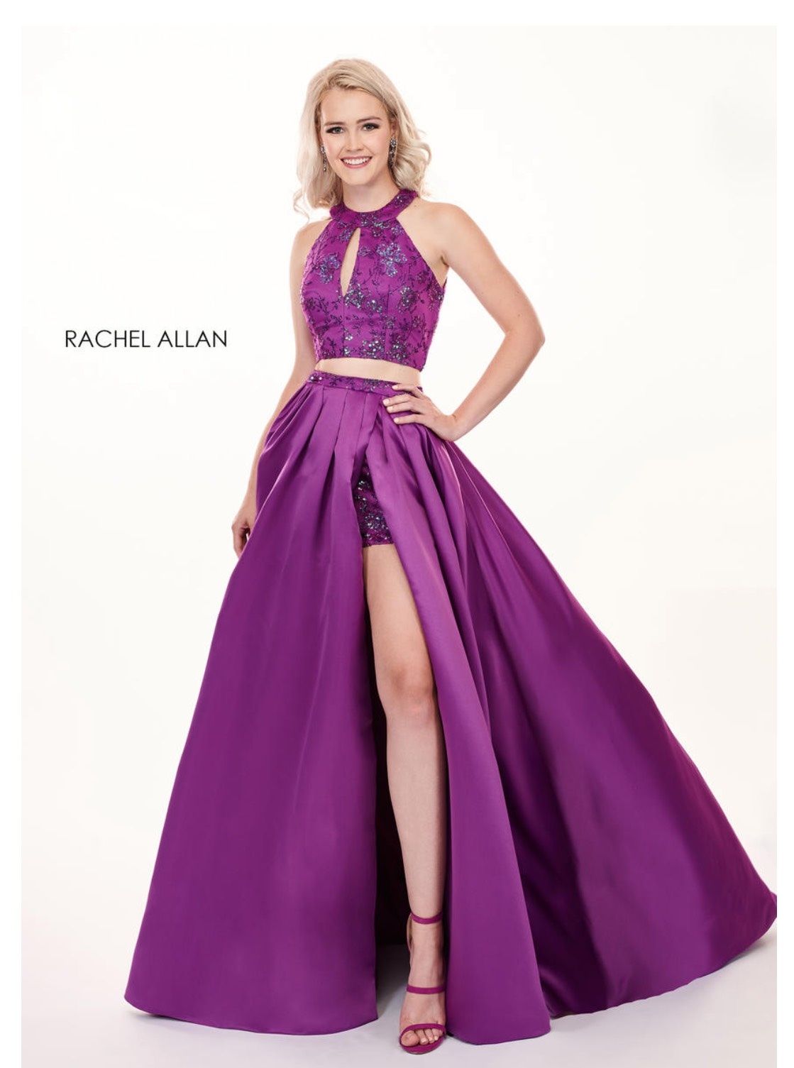 Style 6495 Rachel Allan Size 0 Prom High Neck Purple A-line Dress on Queenly