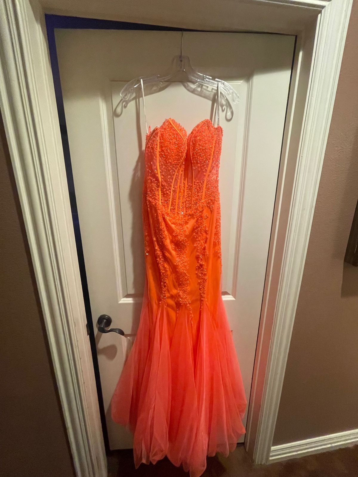 Style 5908 Jovani Size 0 Prom Strapless Orange Mermaid Dress on Queenly