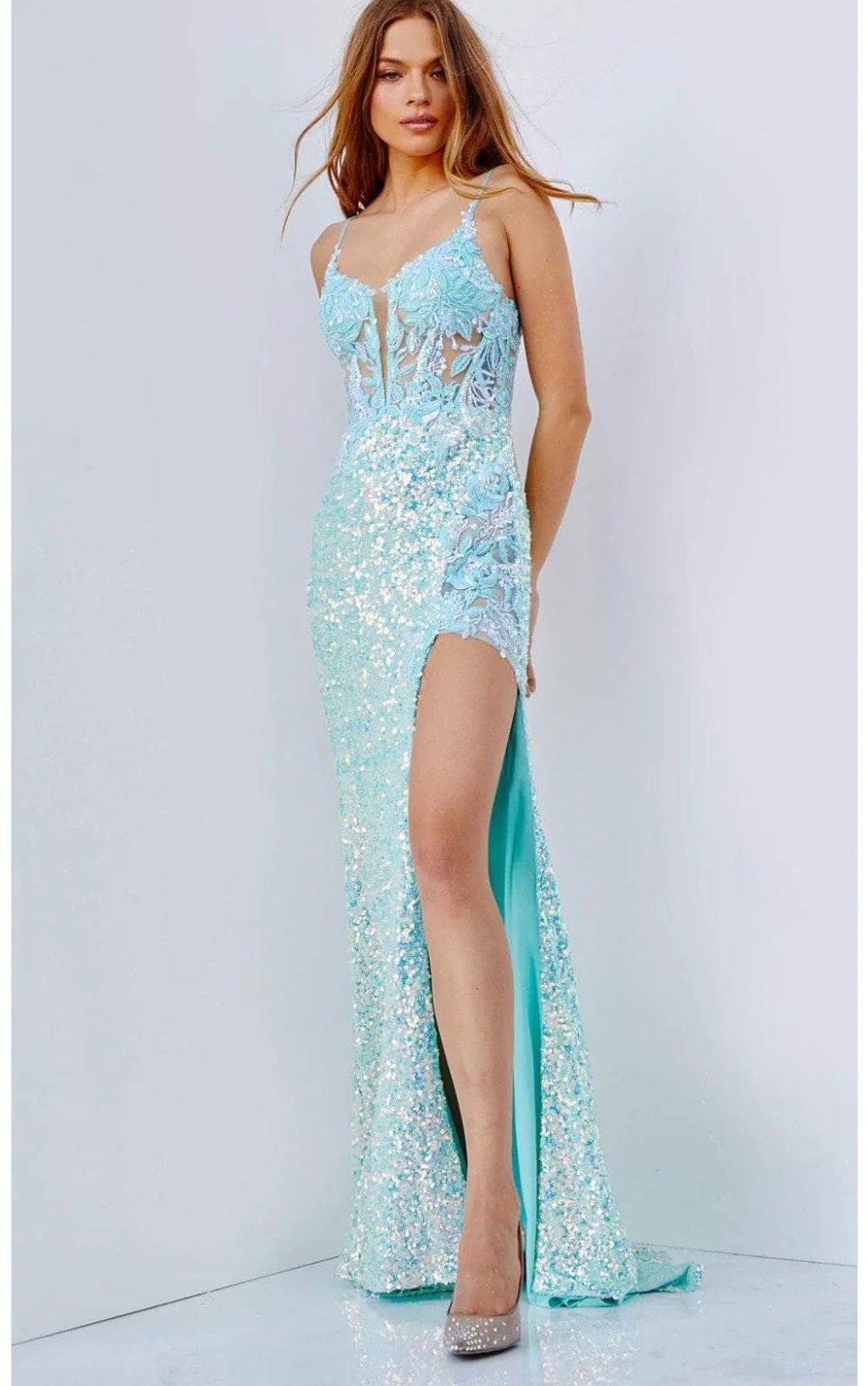 Style 24299 Jovani Size 6 Prom Plunge Lace Light Blue Side Slit Dress on Queenly
