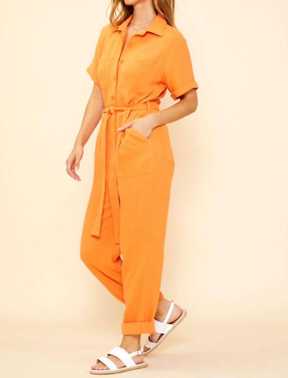 Style 1-2542853893-2901 SKIES ARE BLUE Size M High Neck Sequined Orange Formal Jumpsuit on Queenly
