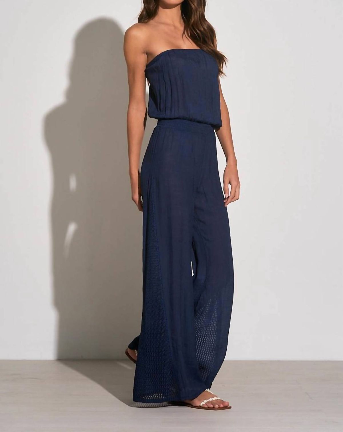 Style 1-2985736883-2901 ELAN Size M Strapless Navy Blue Formal Jumpsuit on Queenly