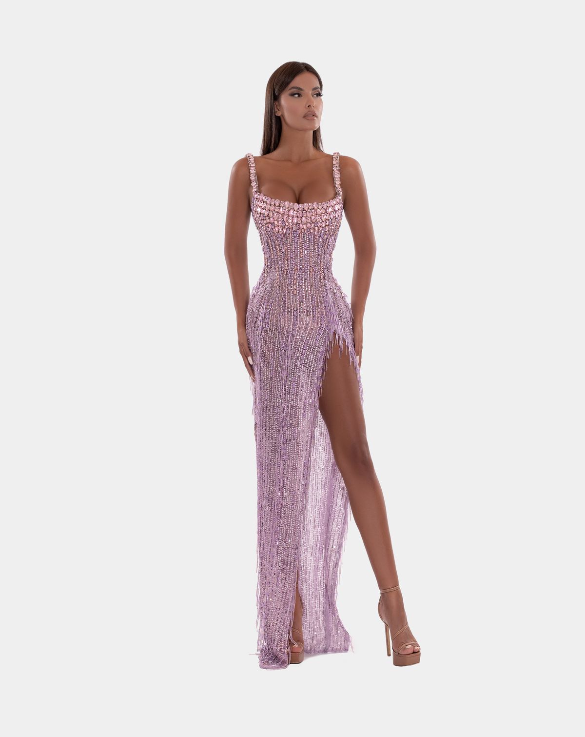 Style AD5220 Albina Dyla Size S Pageant Sequined Purple Side Slit Dress on Queenly