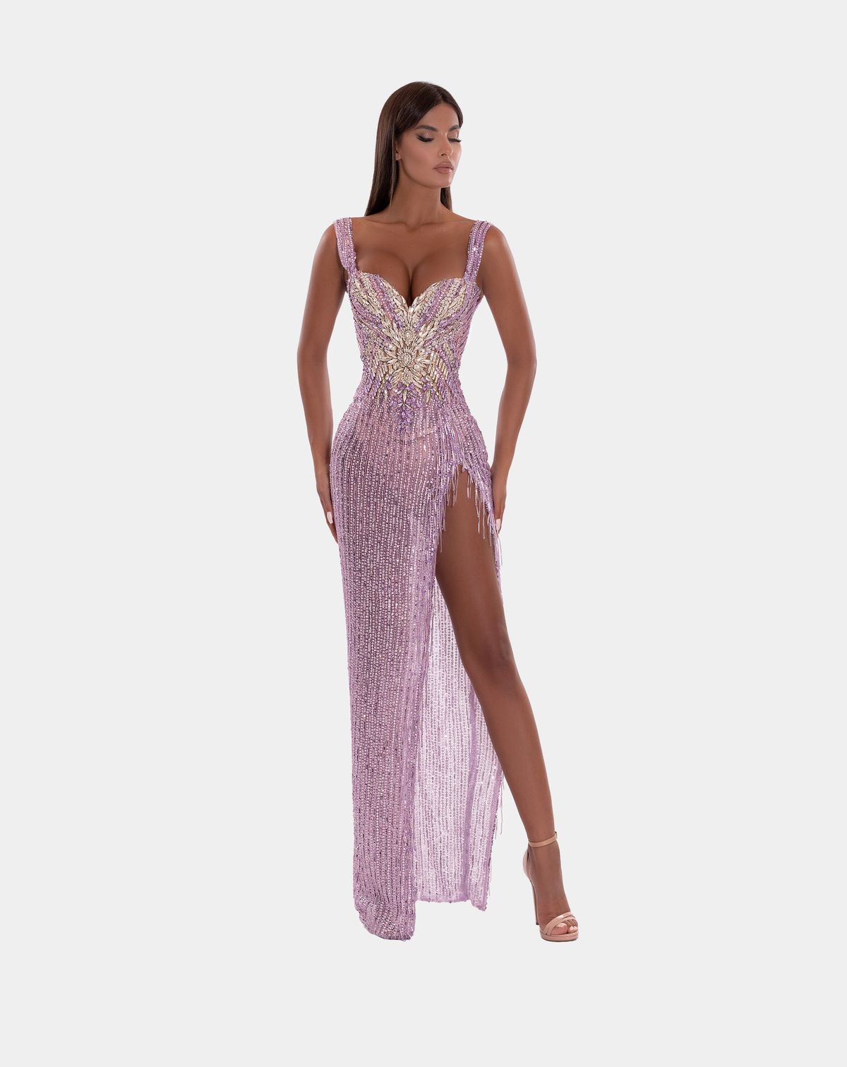 Style AD5219 Albina Dyla Size XS Pageant Sequined Purple Side Slit Dress on Queenly