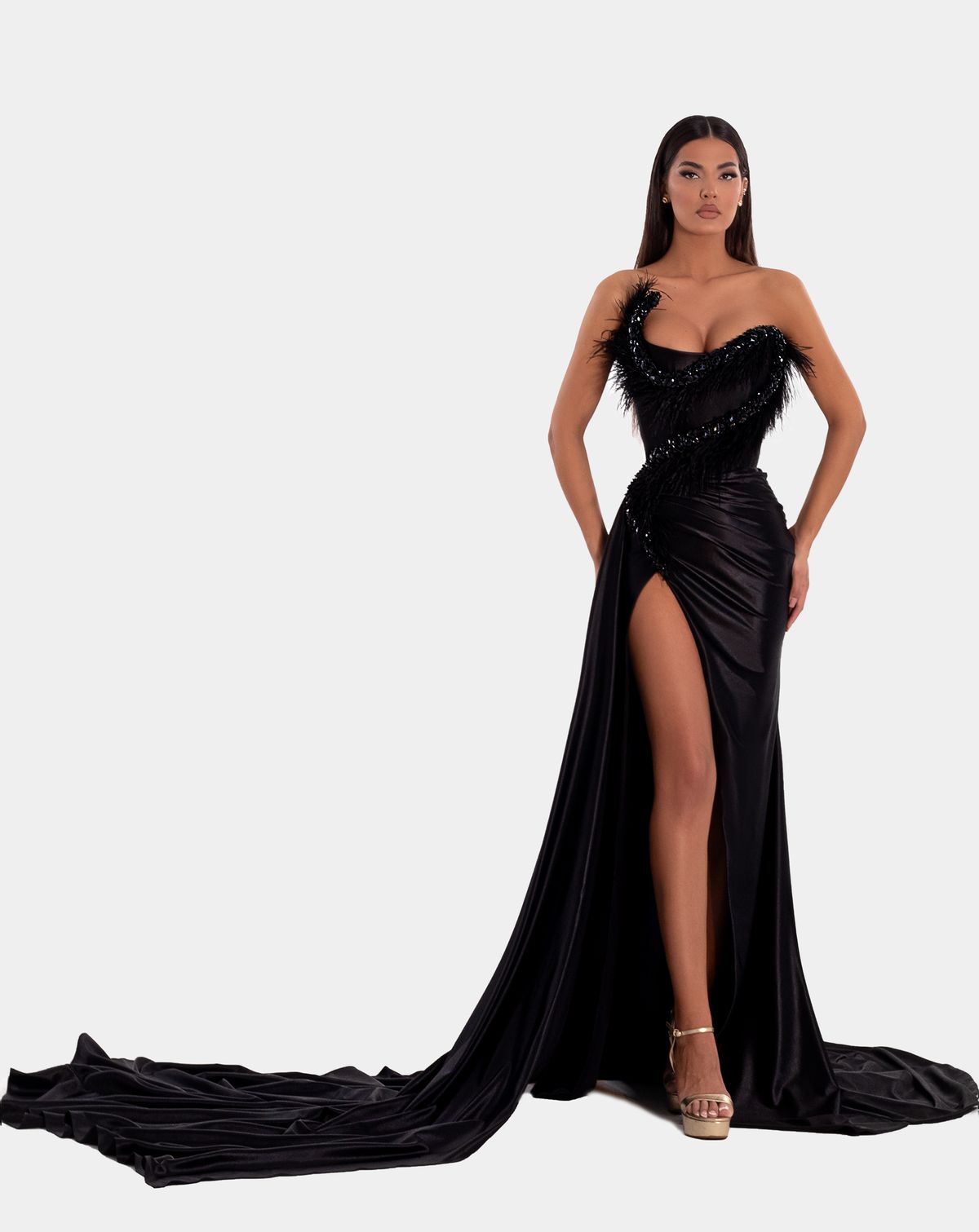 Style AD5102 Albina Dyla Size S Pageant Sequined Black Side Slit Dress on Queenly