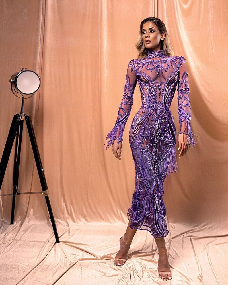 Style AD2077 Albina Dyla Size S Pageant Long Sleeve Lace Purple Floor Length Maxi on Queenly