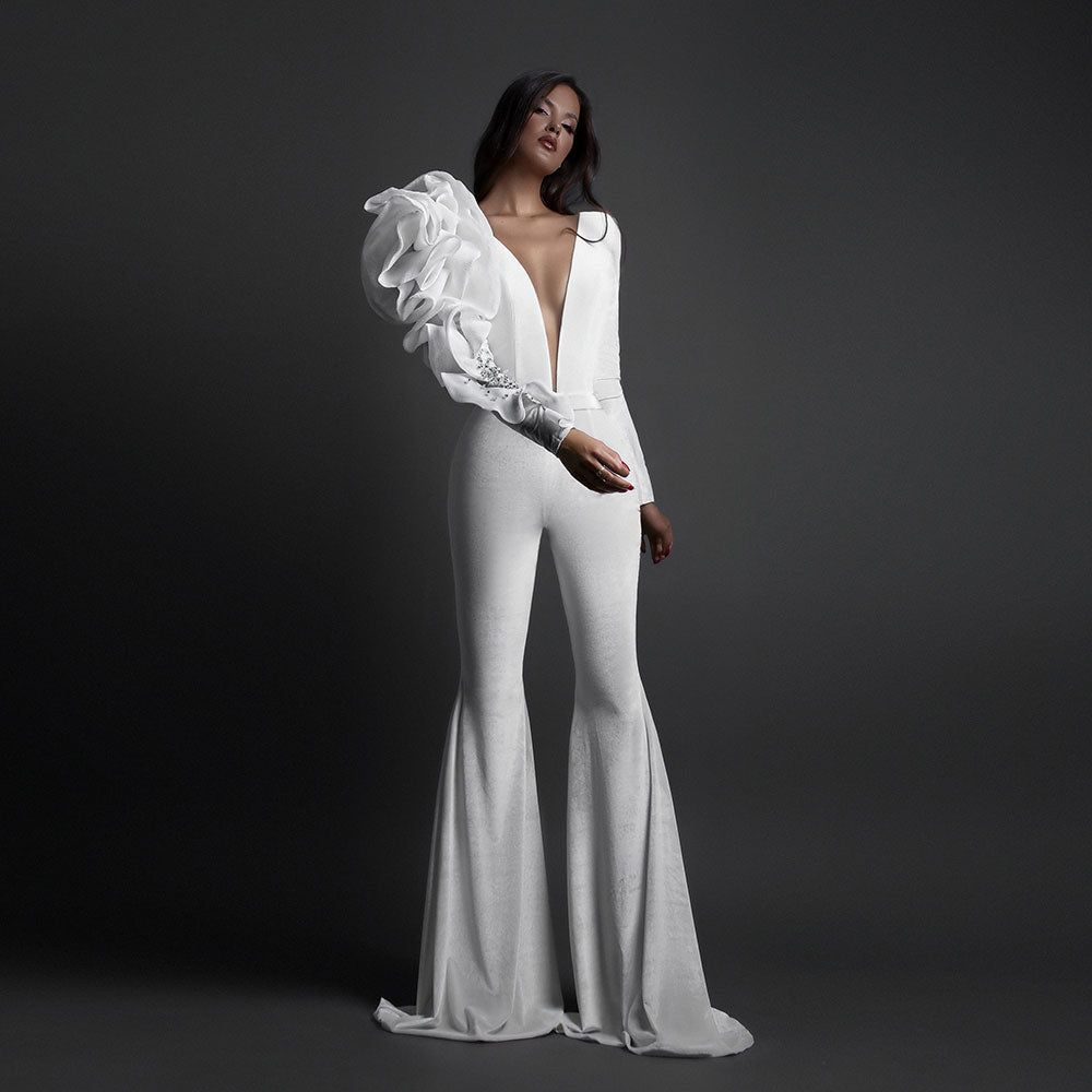 Style AD2134 Albina Dyla Size L Pageant Long Sleeve Sequined White Formal Jumpsuit on Queenly