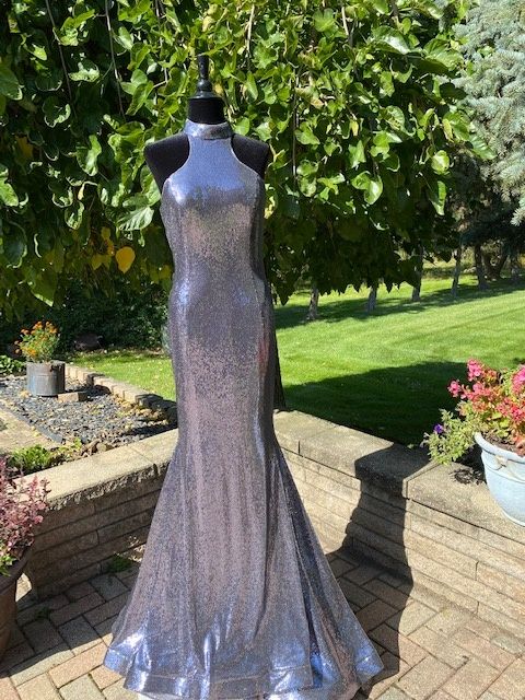 Style 33235 Ava Presley Size 8 Bridesmaid High Neck Purple Cocktail Dress on Queenly