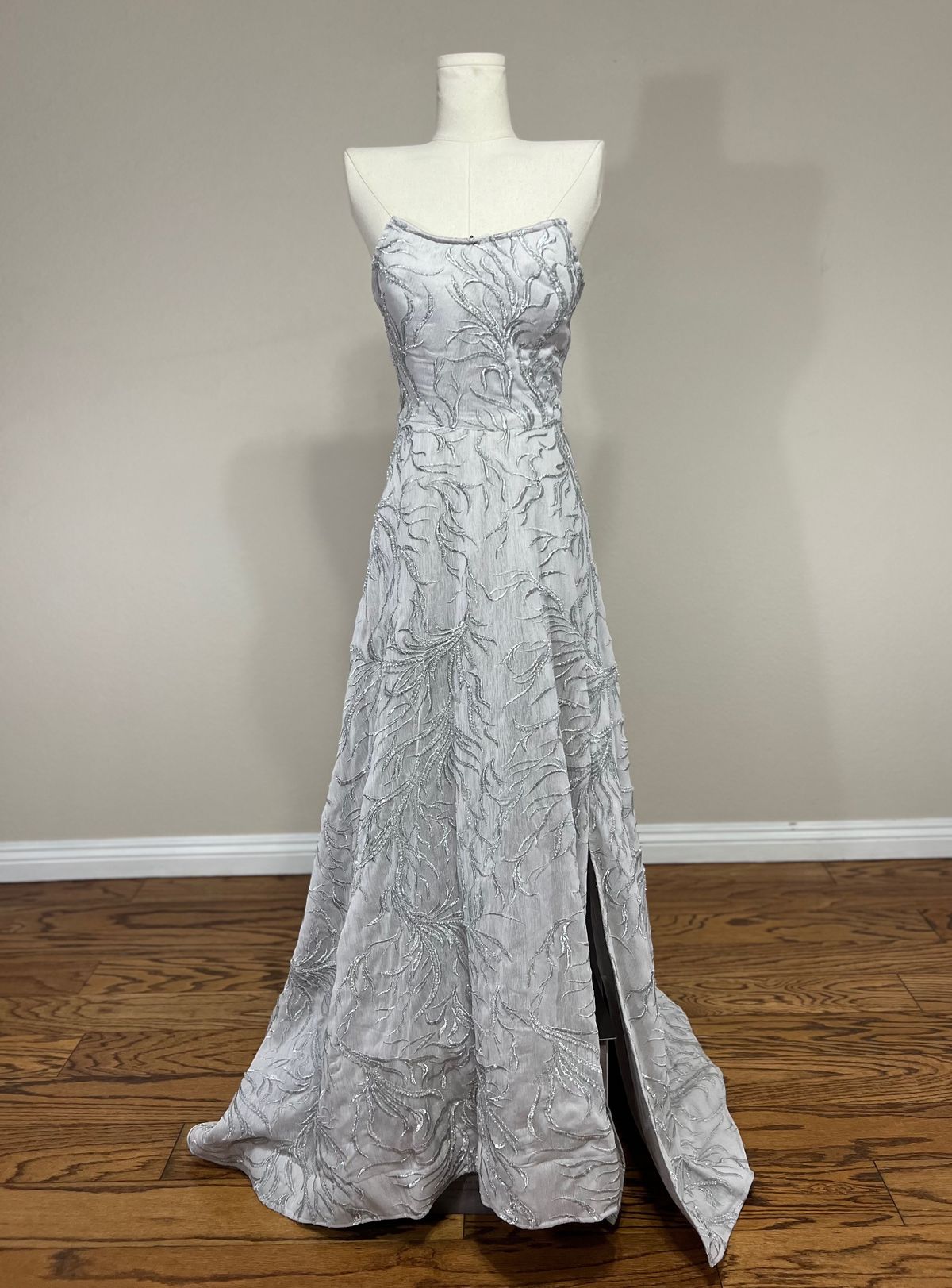 Size M Prom Strapless Silver Side Slit Dress on Queenly