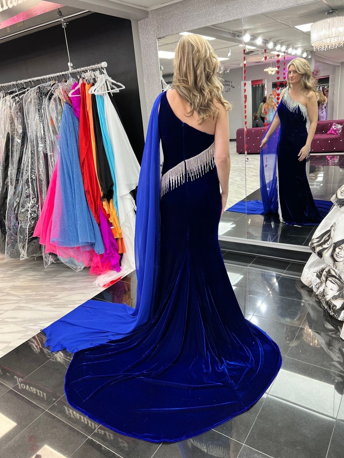 Style 2605 Johnathan Kayne Size 12 Prom One Shoulder Blue Dress With Train on Queenly