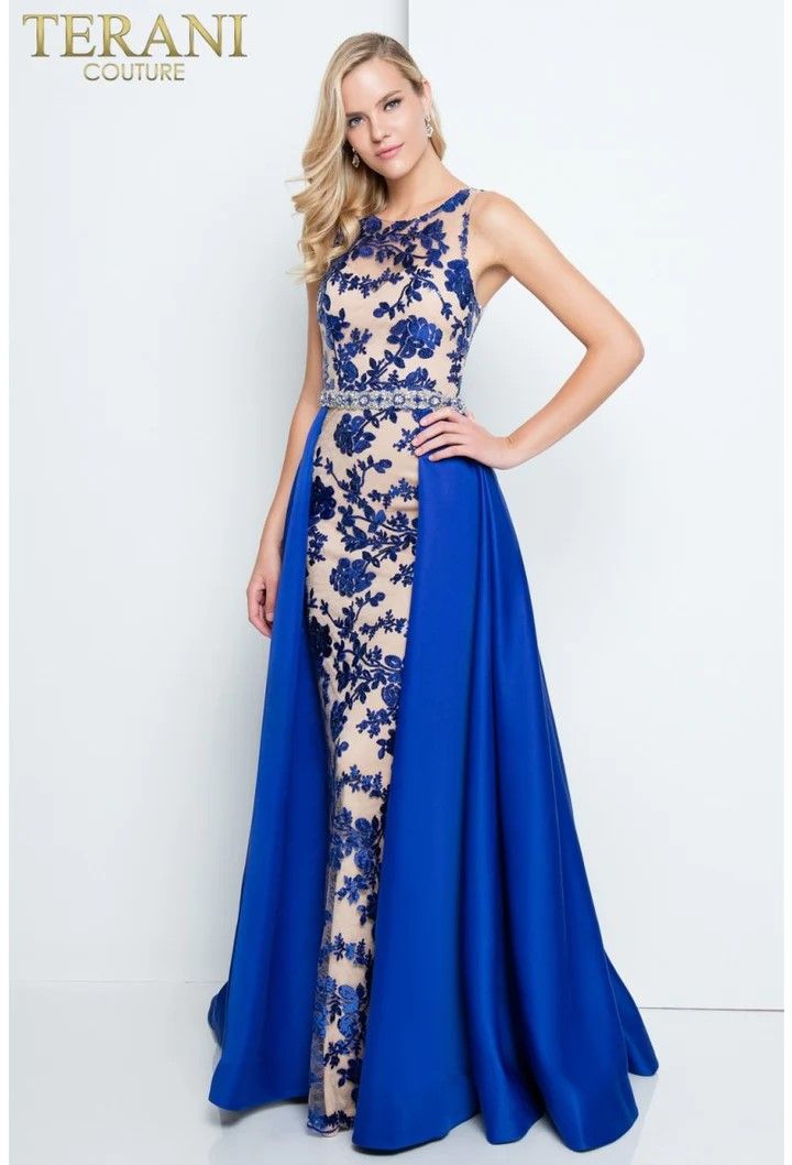 Style 1812P5387 Terani Couture Size 10 Sequined Blue Dress With Train on Queenly