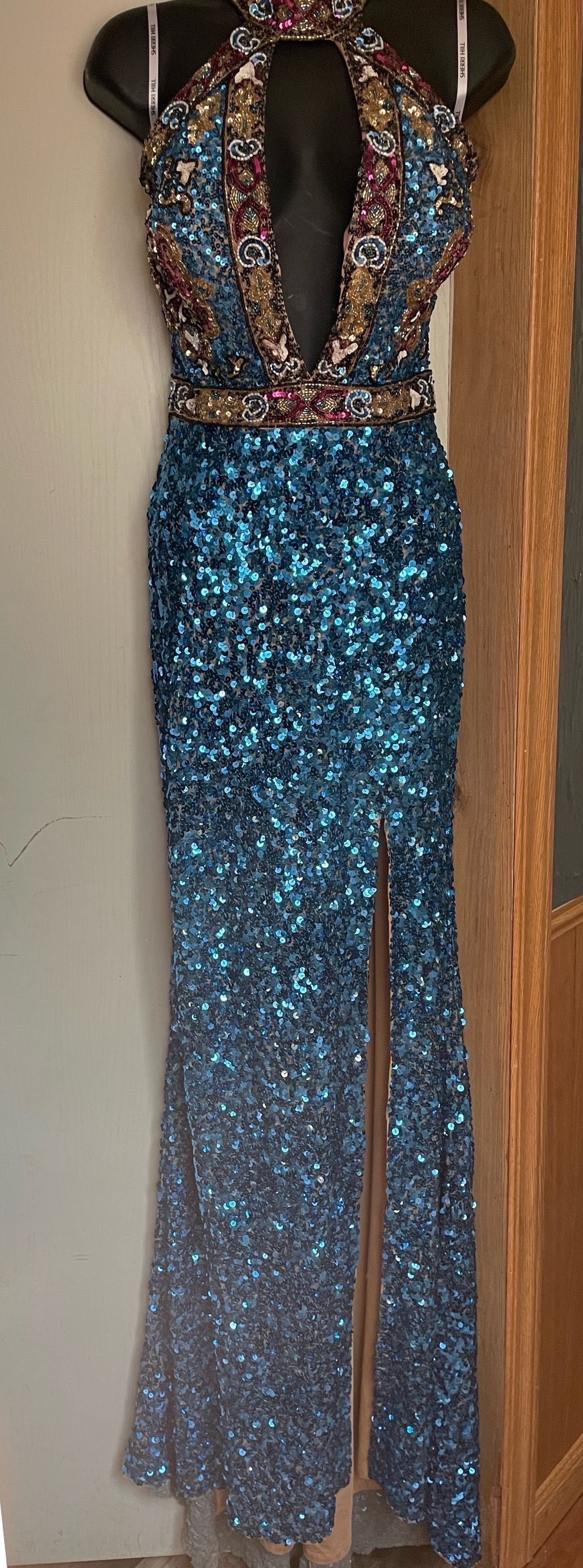 Sherri Hill Size 8 Prom Plunge Sequined Royal Blue Floor Length Maxi on Queenly