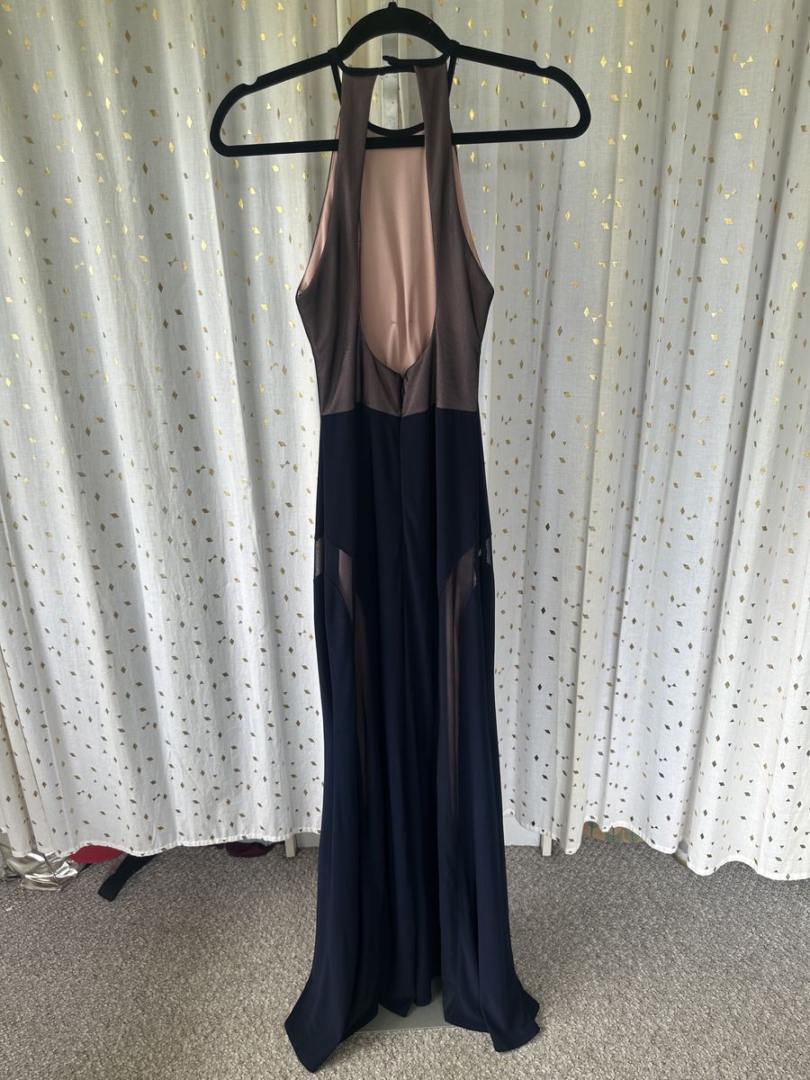 Morgan and Co Size S Prom High Neck Sheer Navy Blue Floor Length Maxi on Queenly