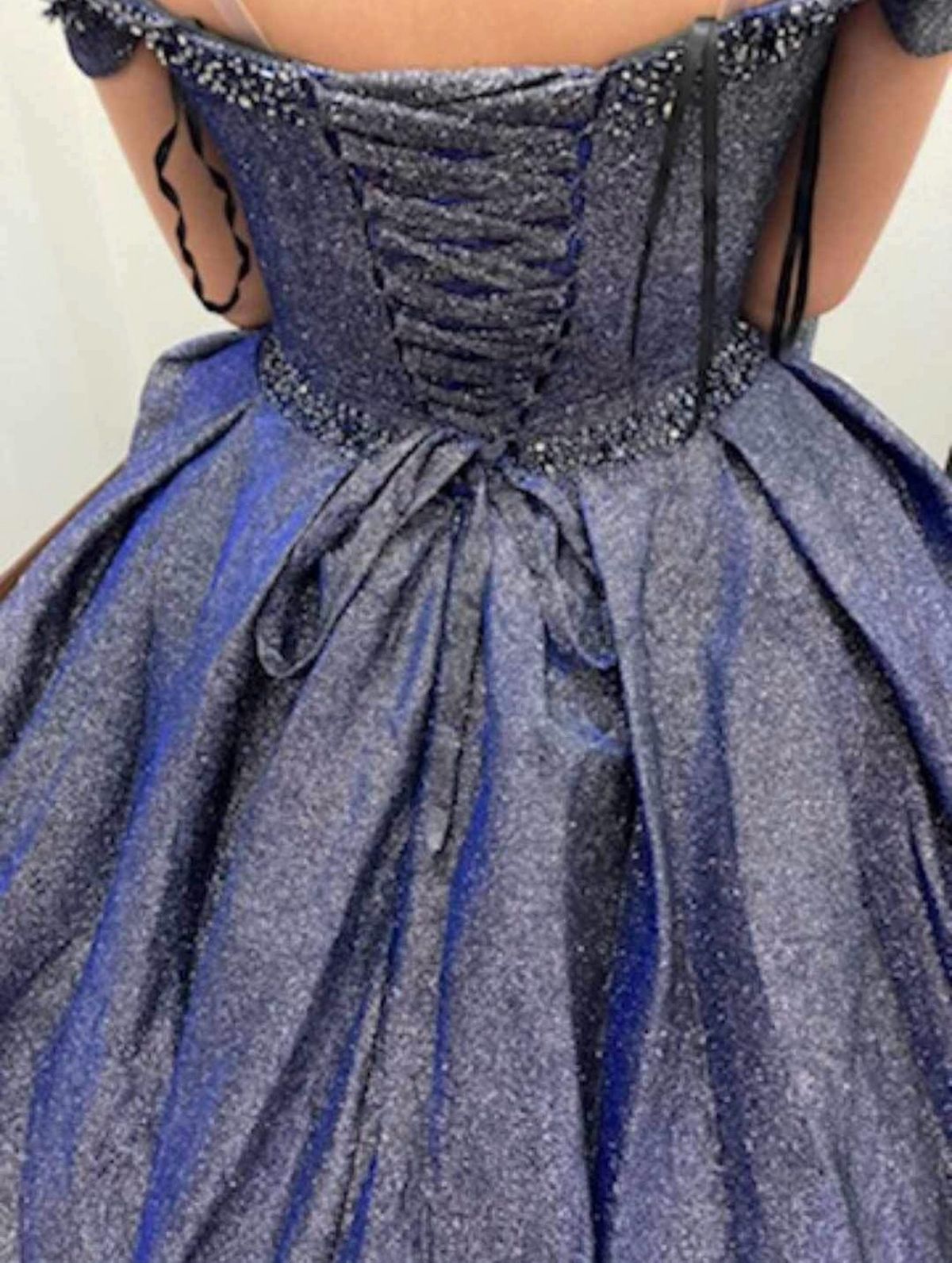 Size L Cap Sleeve Blue Ball Gown on Queenly