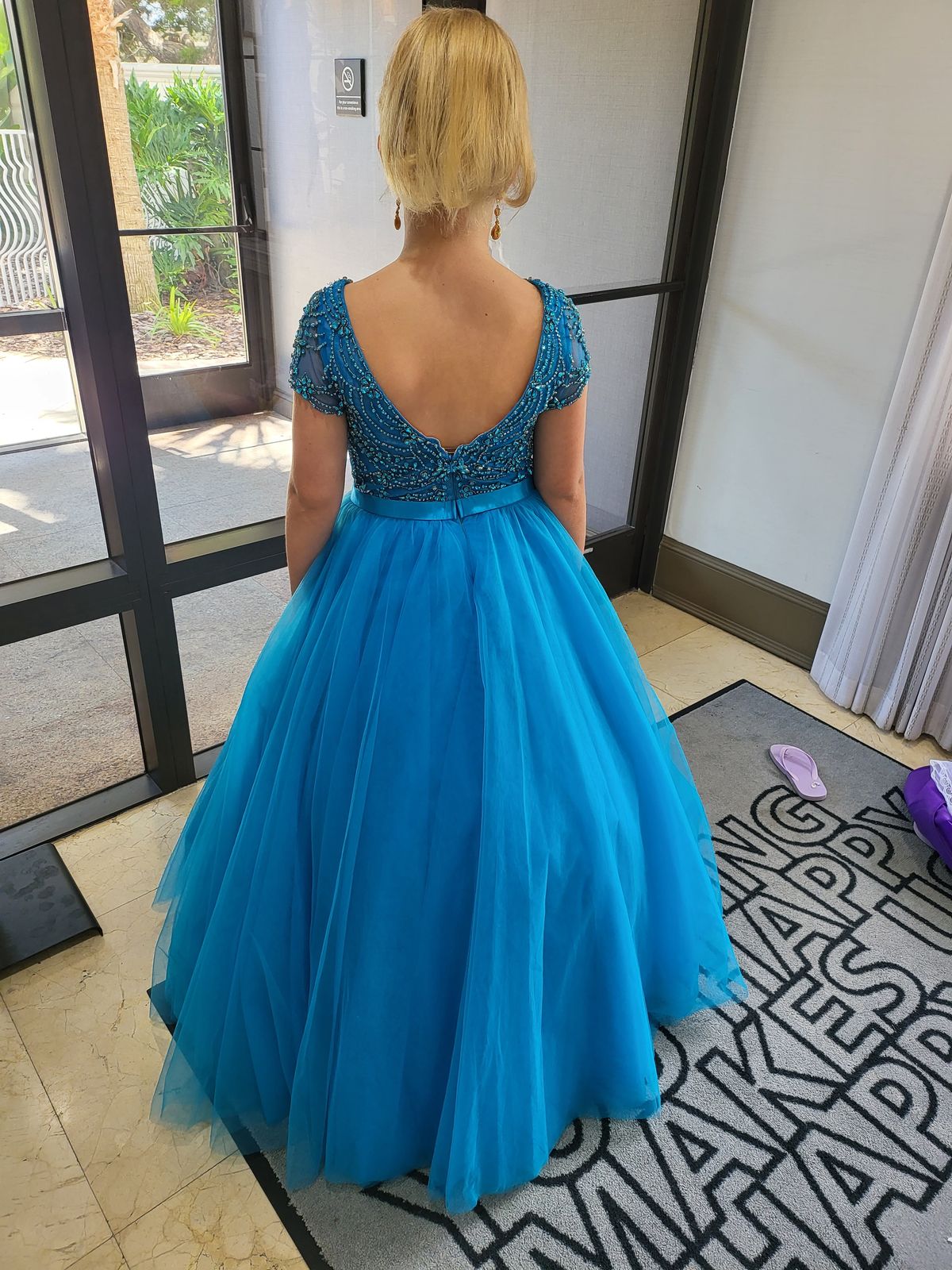 Sherri Hill Size 14 Prom Cap Sleeve Sequined Turquoise Blue Ball Gown on Queenly