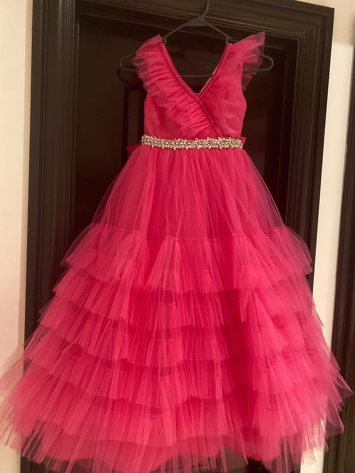 Girls Size 8 Halter Lace Hot Pink Ball Gown on Queenly