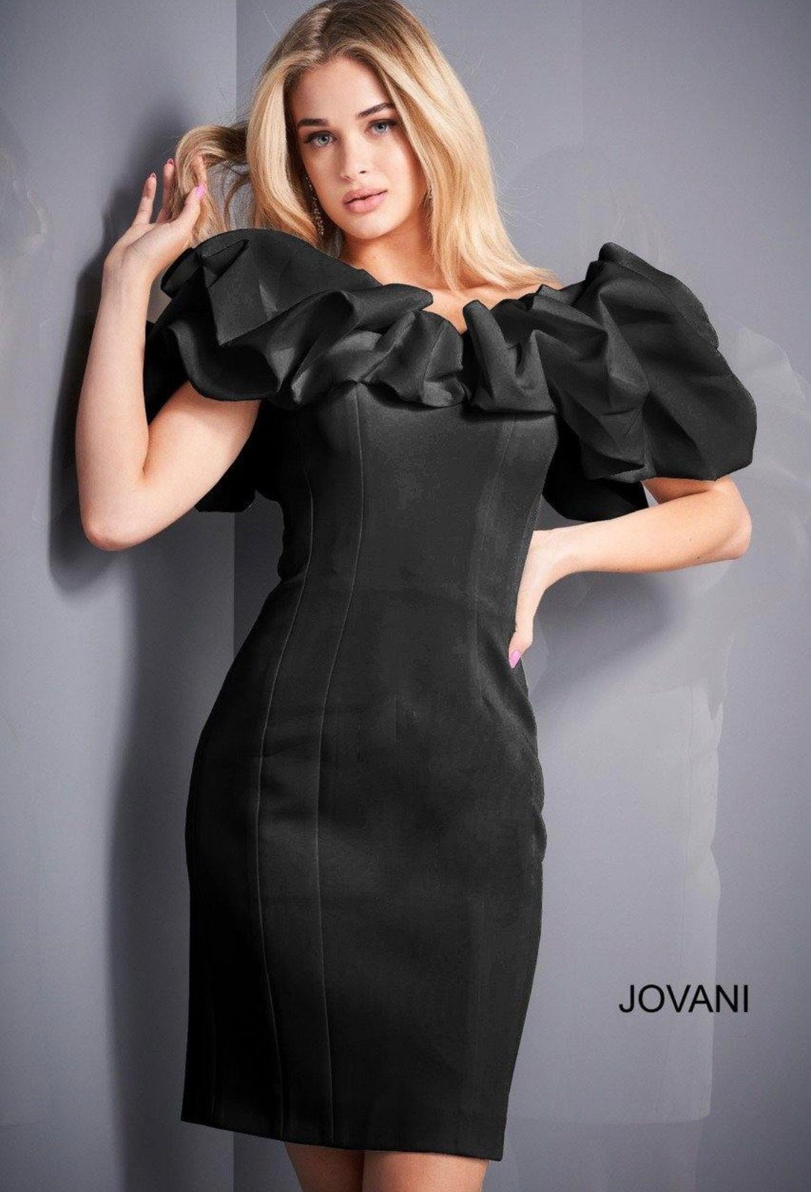 Style 04367 Jovani Size 4 Off The Shoulder Black Cocktail Dress on Queenly
