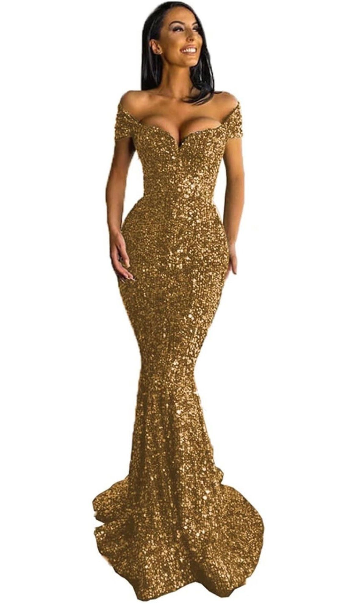Size 4 Prom Off The Shoulder Gold Mermaid Dress on Queenly