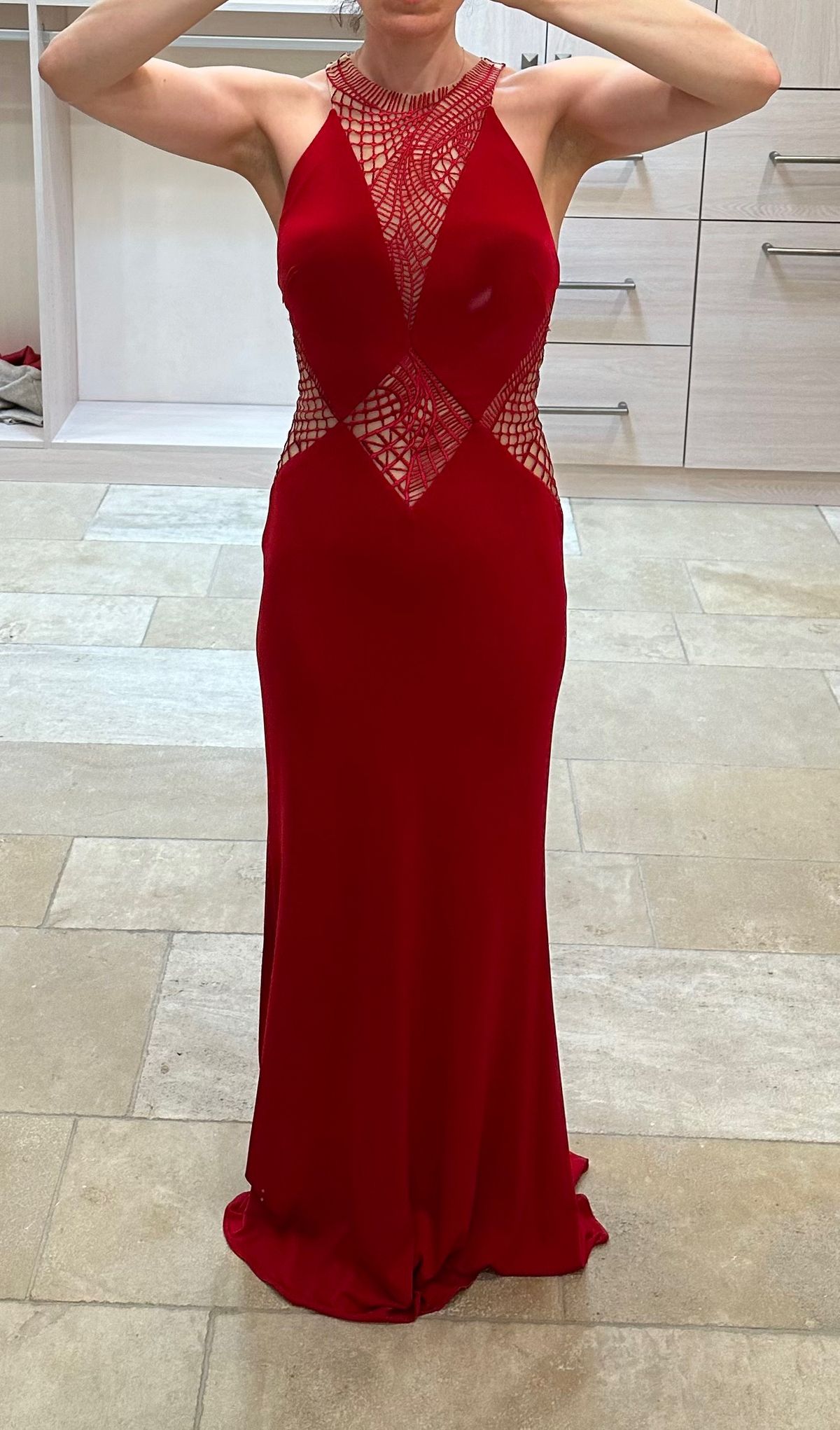 Jovani Size 4 Prom High Neck Red Floor Length Maxi on Queenly