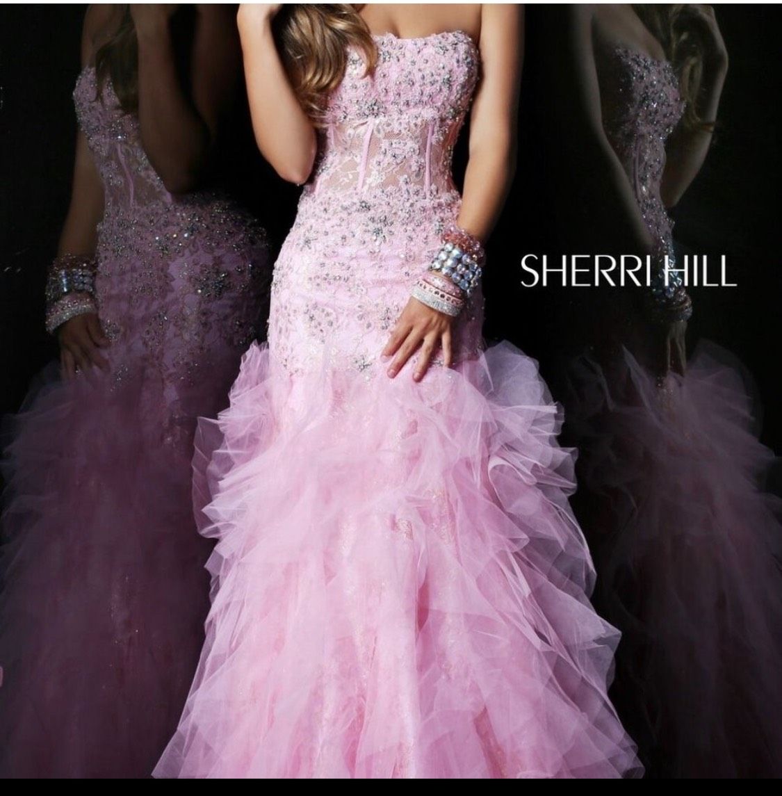 Style 1598 Sherri Hill Size 4 Prom Strapless Pink Ball Gown on Queenly