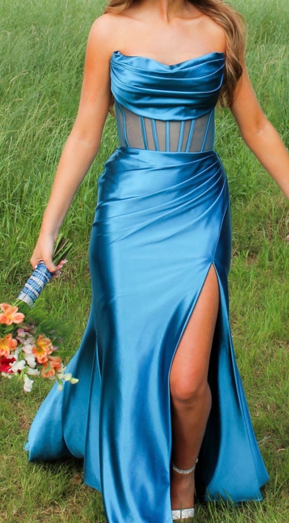 Sherri Hill Size 4 Prom Strapless Satin Blue Mermaid Dress on Queenly