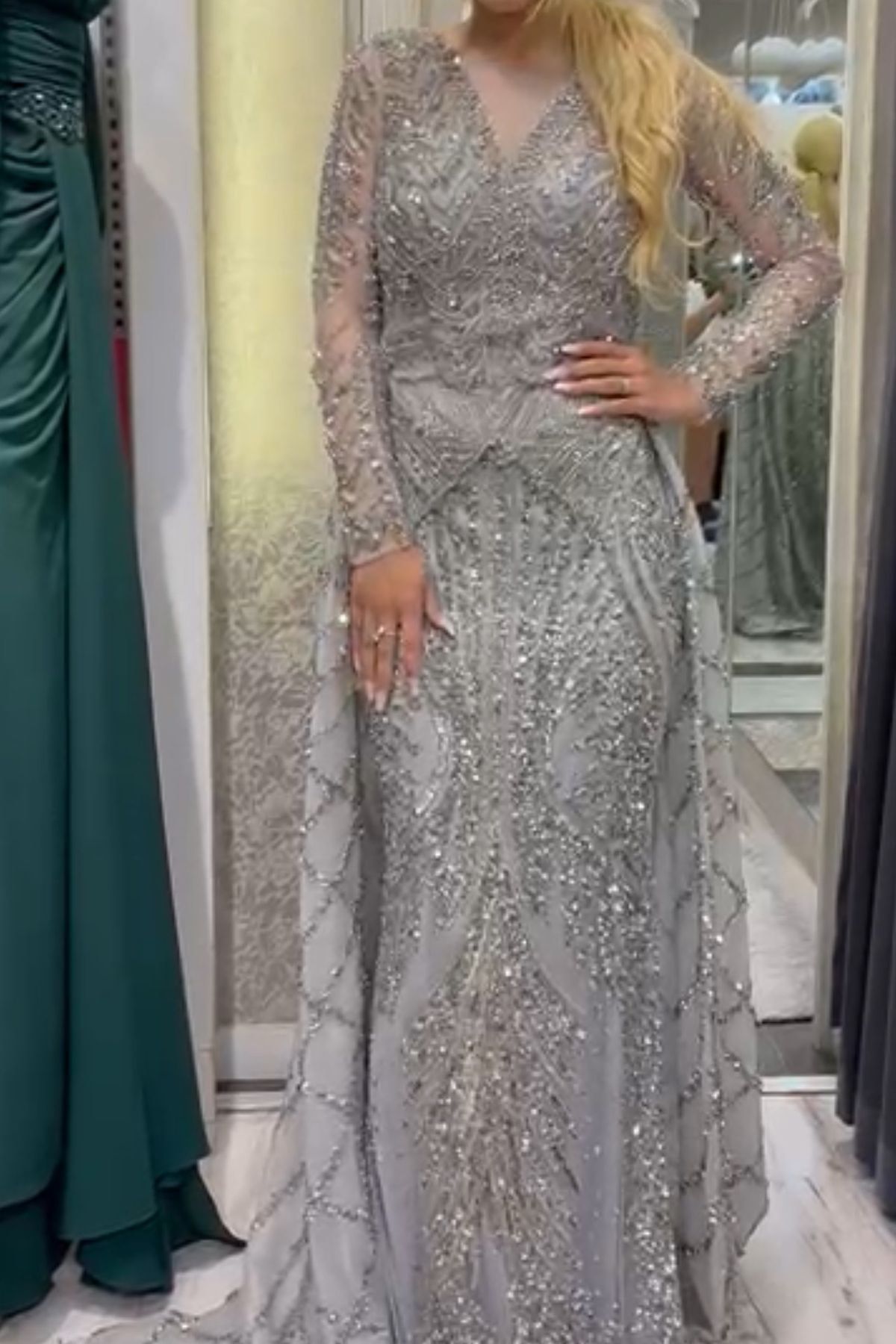 Size 2 Wedding Guest Long Sleeve Sequined Silver Dress With Train on Queenly
