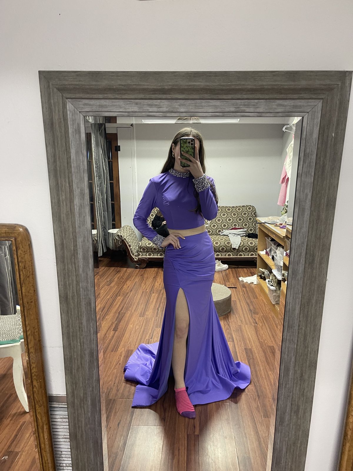 Style 70138 Rachel Allan Size 4 Prom Long Sleeve Purple Side Slit Dress on Queenly