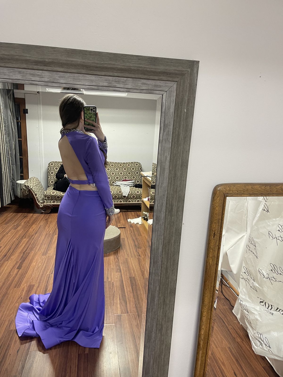 Style 70138 Rachel Allan Size 4 Prom Long Sleeve Purple Side Slit Dress on Queenly