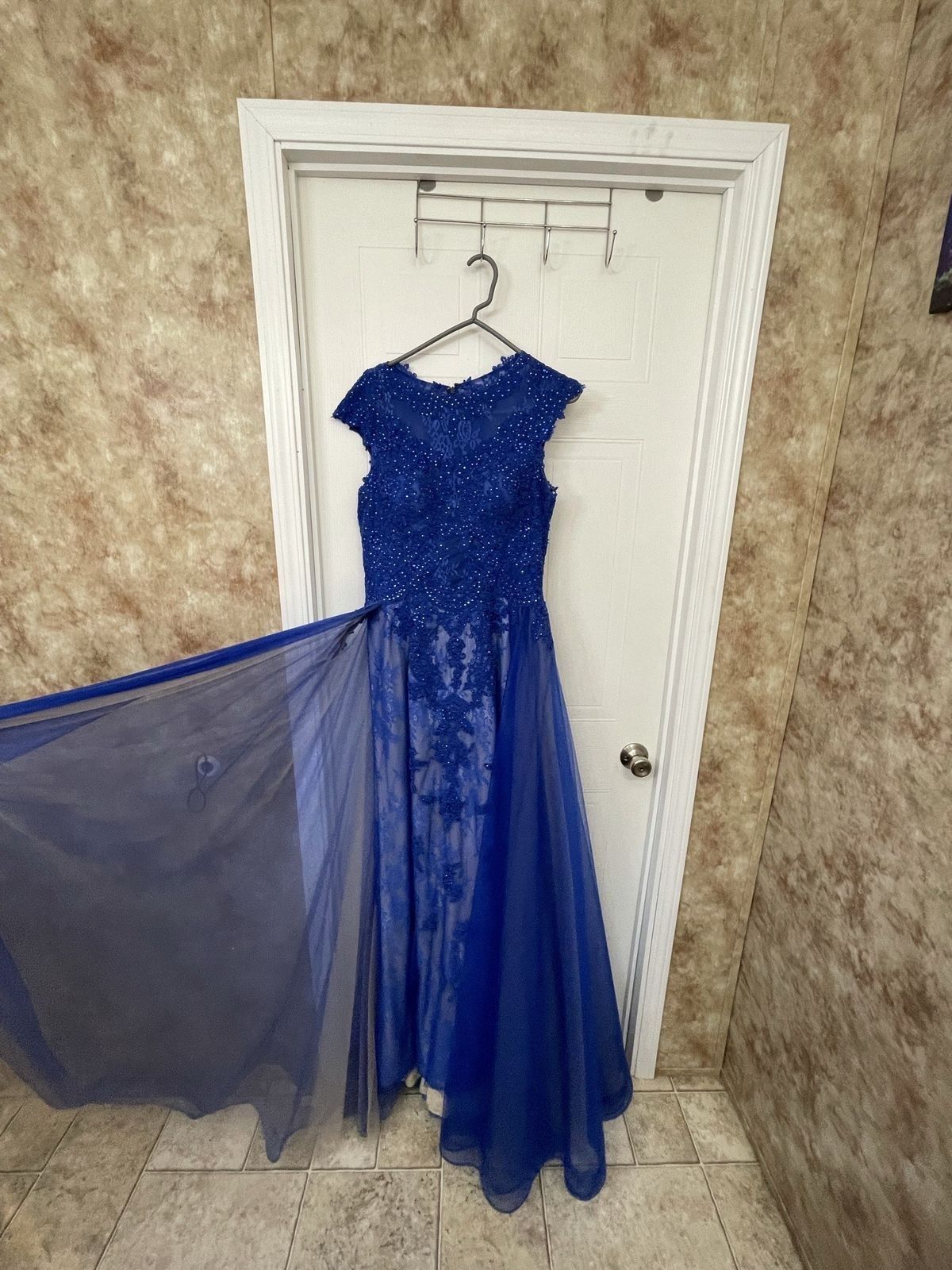 Jovani Size 12 Prom Cap Sleeve Lace Royal Blue Dress With Train on Queenly