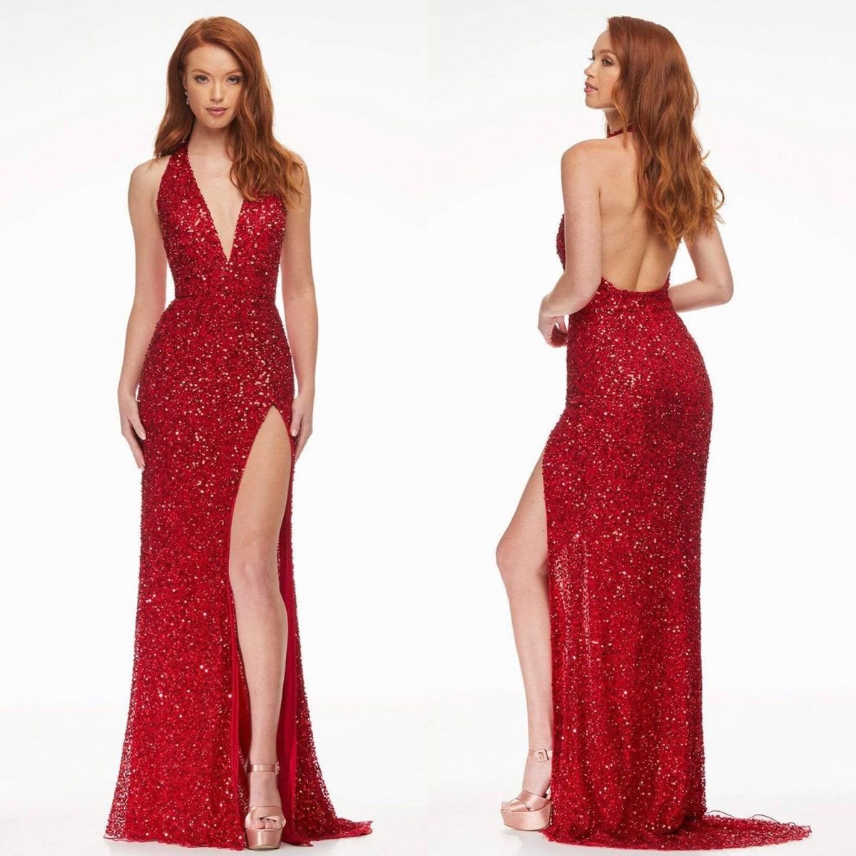 Style 11068 Ashley Lauren Size 12 Pageant Halter Red Side Slit Dress on Queenly