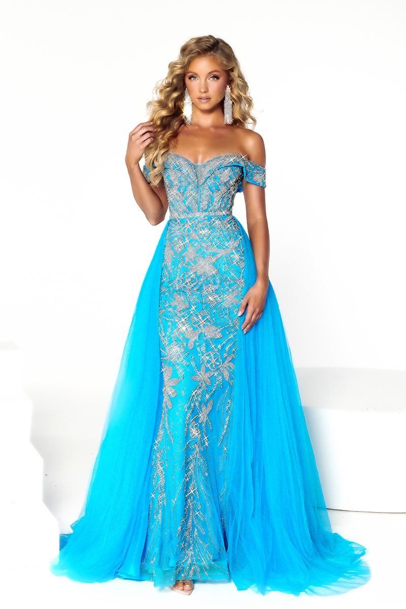 Style PS23973 Portia and Scarlett Size 0 Prom Off The Shoulder Blue Ball Gown on Queenly