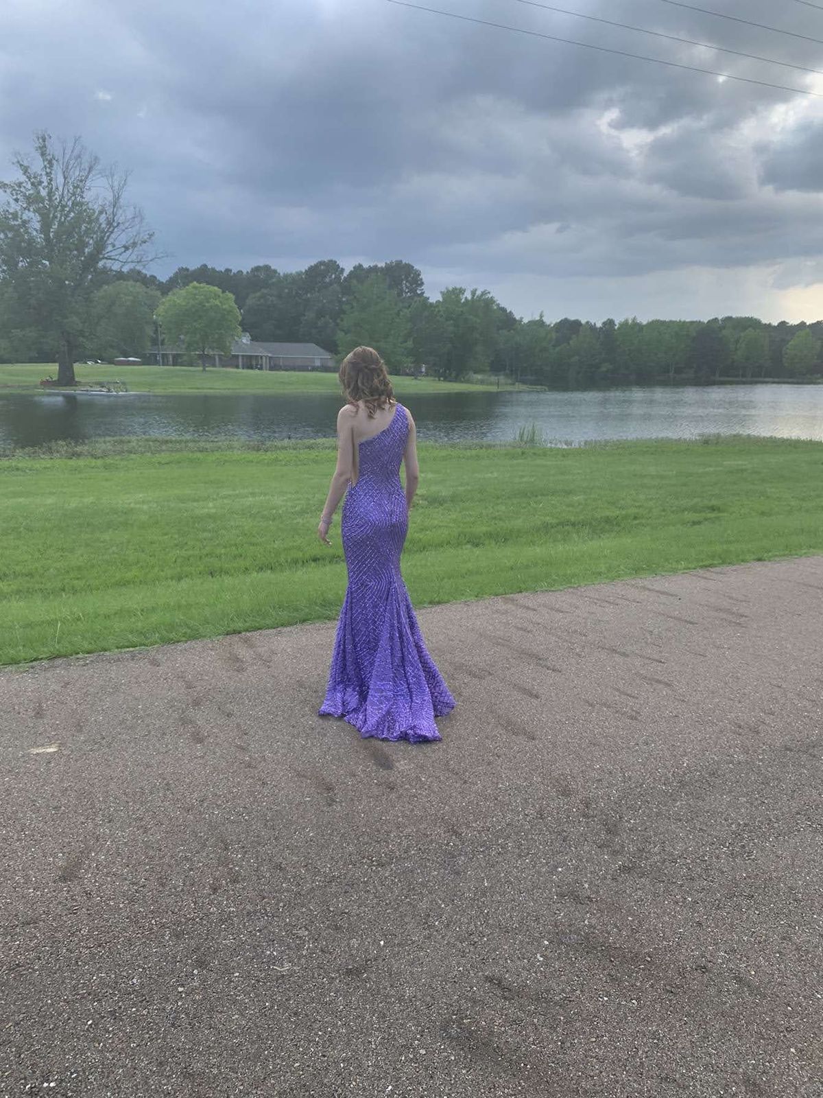 Jovani Size 00 Prom One Shoulder Sheer Purple Mermaid Dress on Queenly