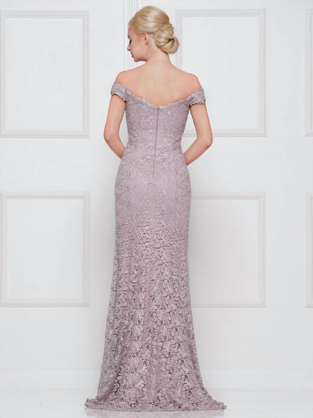 Style 1-770734447-2168 Marsoni by Colors Size 8 Off The Shoulder Lace Purple Floor Length Maxi on Queenly
