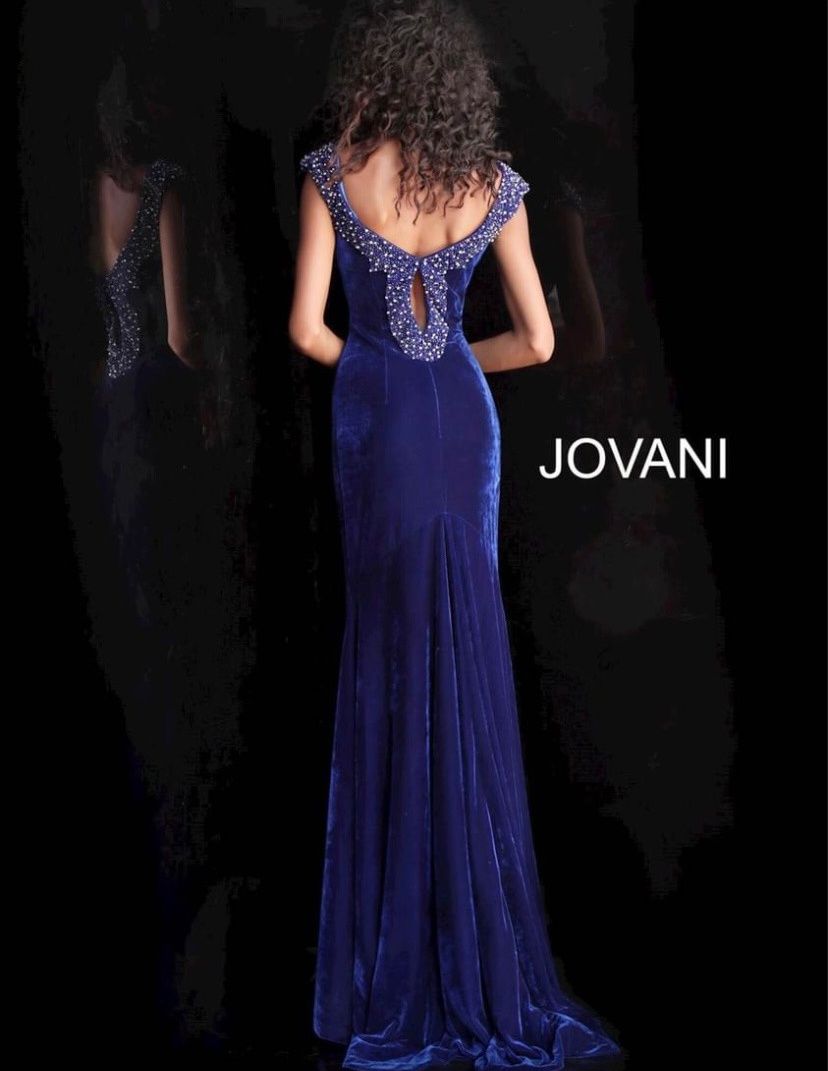 Jovani Size 0 Prom Plunge Velvet Royal Blue Floor Length Maxi on Queenly