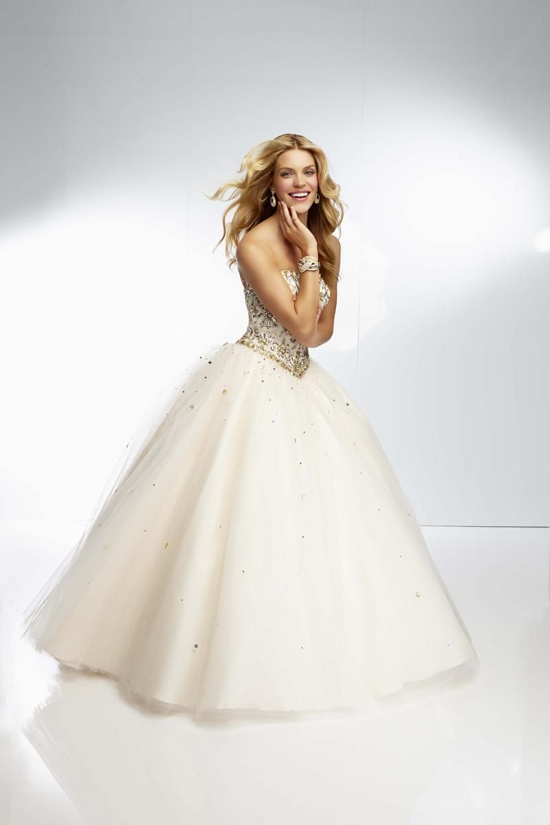 Style 95018 MoriLee Size 14 Pageant Sequined White Ball Gown on Queenly