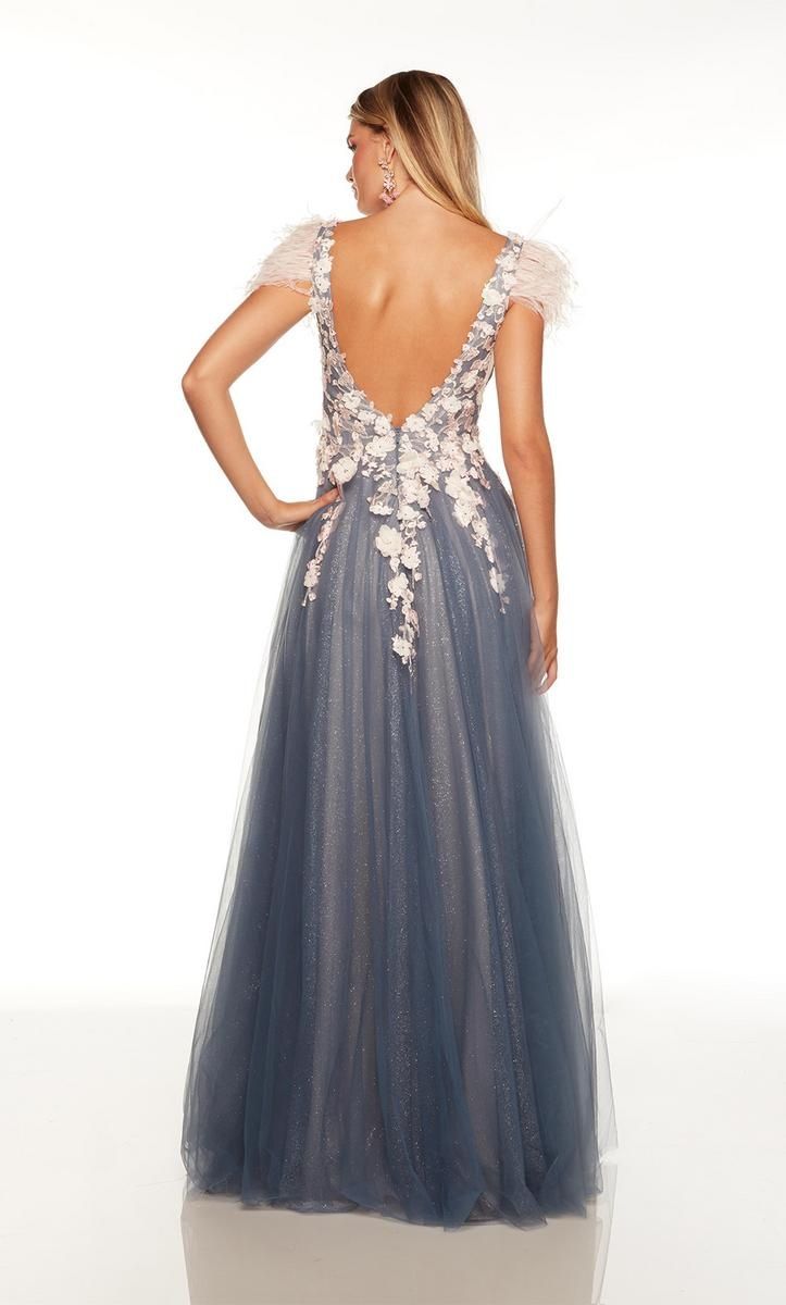 Style 61306 Alyce Paris Size 4 Prom Lace Blue Side Slit Dress on Queenly