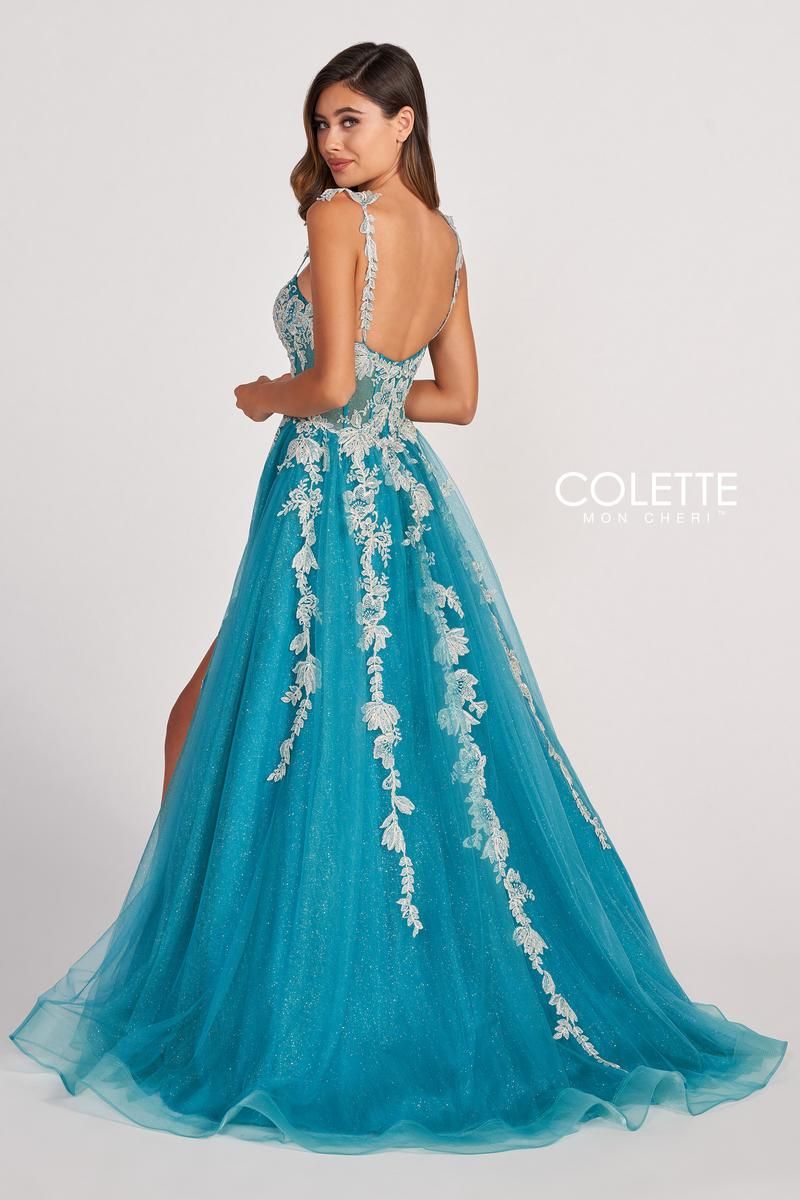 Style CL2020 Colette Size 10 Pageant Lace Turquoise Blue Side Slit Dress on Queenly
