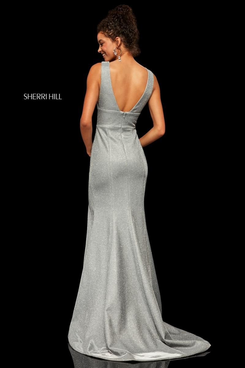 Style 52480 Sherri Hill Size 4 Prom Silver Side Slit Dress on Queenly