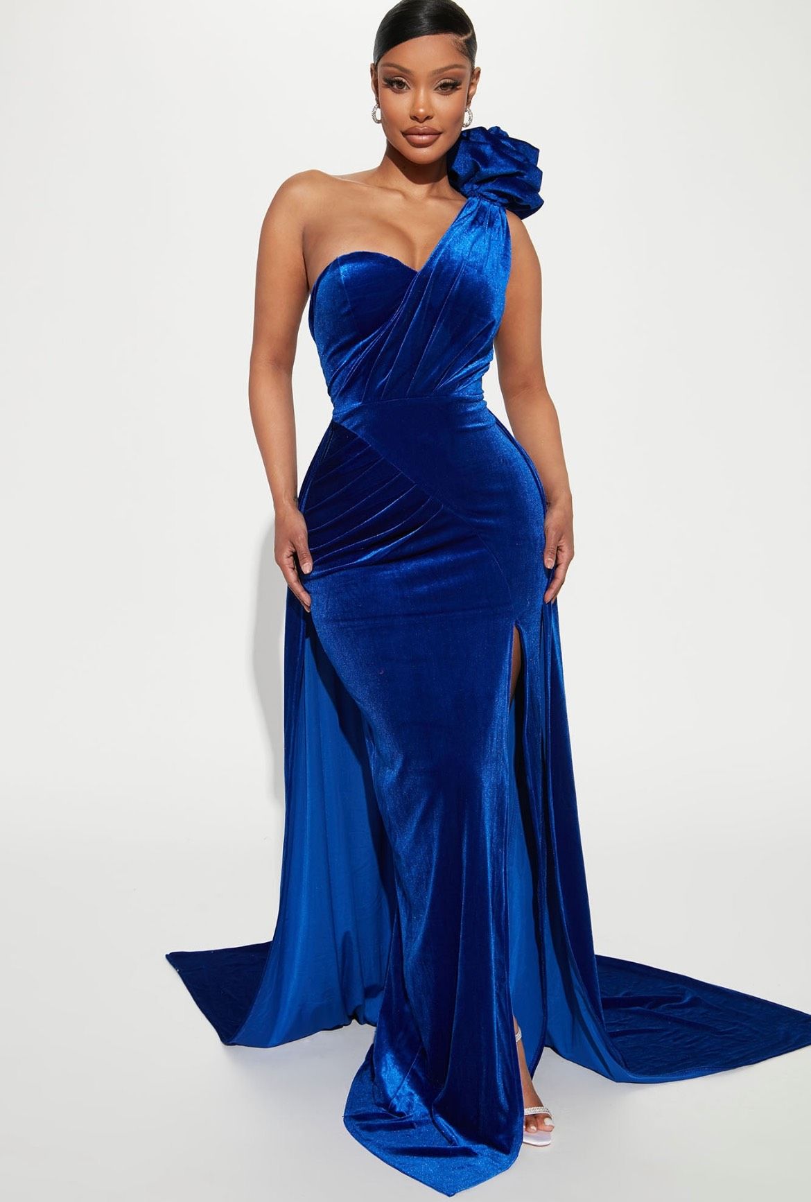 Size S Prom One Shoulder Velvet Royal Blue Side Slit Dress on Queenly