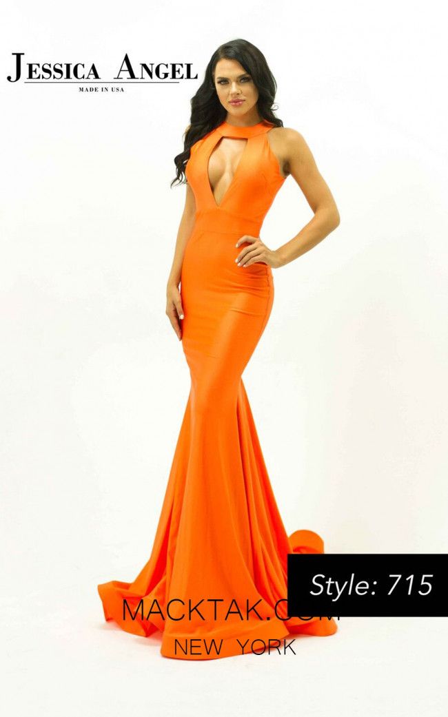 Style 715 Jessica Angel Size 4 Prom Plunge Orange Mermaid Dress on Queenly