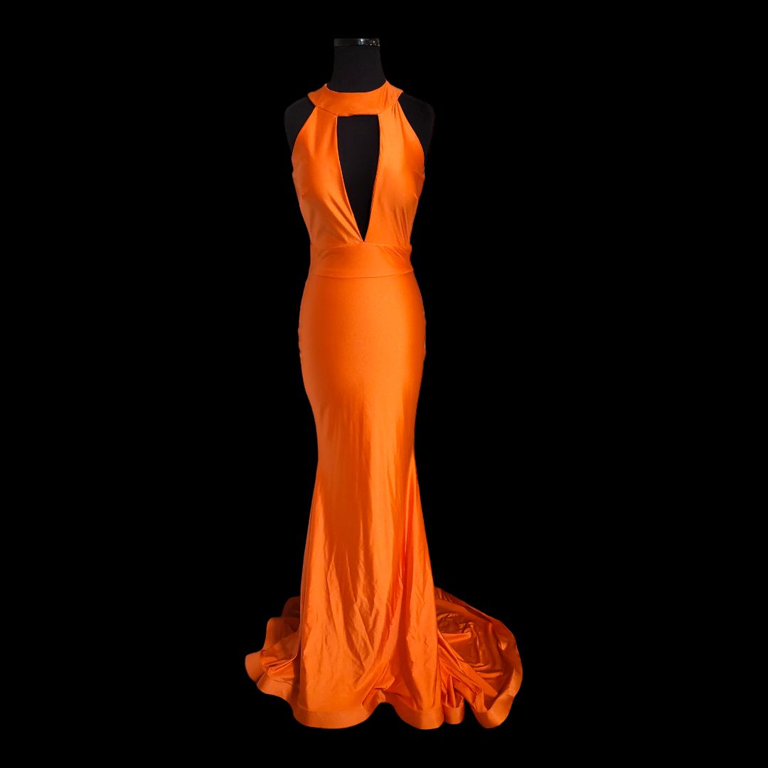 Style 715 Jessica Angel Size 4 Prom Plunge Orange Mermaid Dress on Queenly