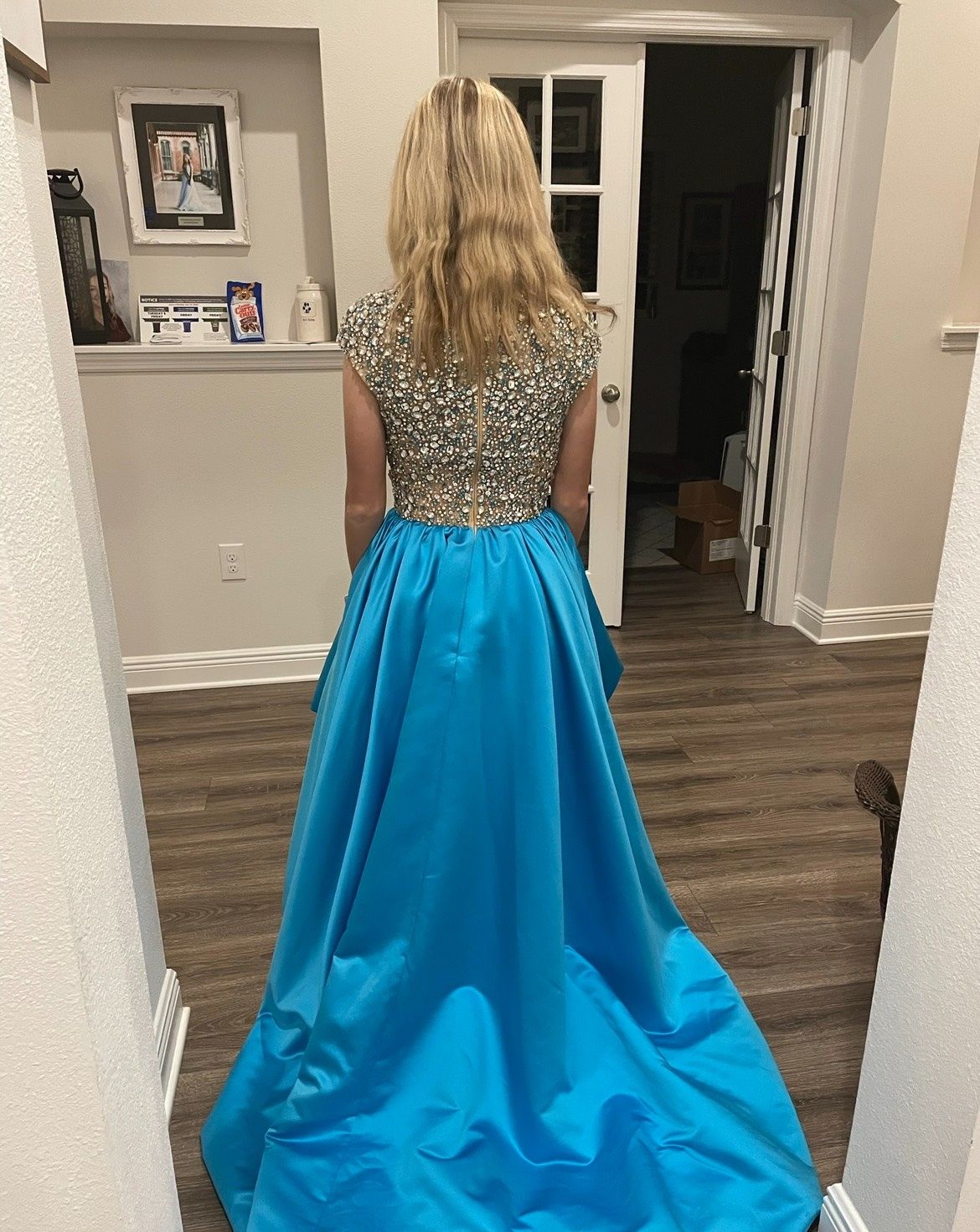 Ashley Lauren Size 0 Pageant High Neck Turquoise Blue Dress With Train on Queenly