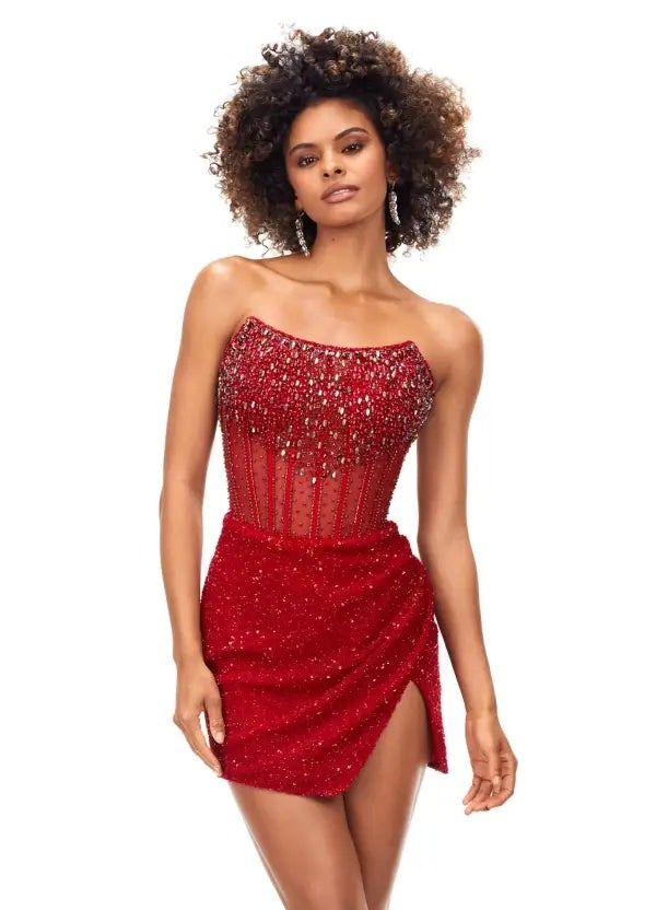 Style 4564 Ashley Lauren Size 4 Prom Strapless Sequined Red Cocktail Dress on Queenly