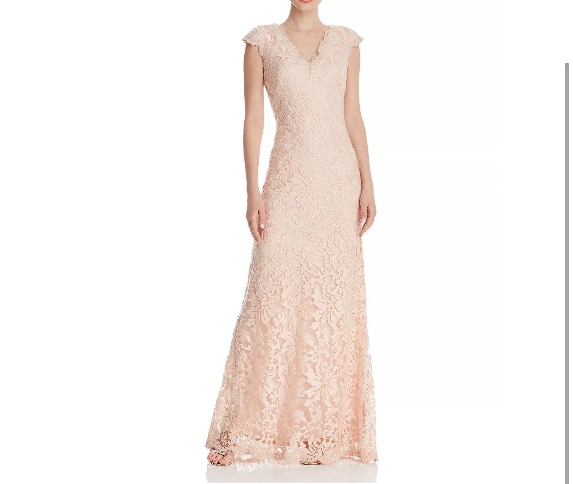 Tadashi Shoji Size 6 Bridesmaid Cap Sleeve Lace Nude A-line Dress on Queenly