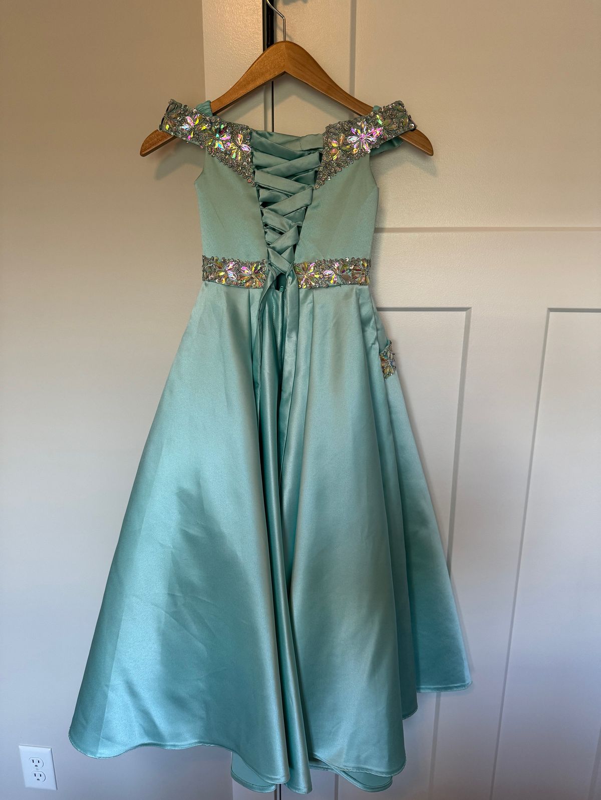 Pop pagentry Girls Size 4 Pageant Off The Shoulder Turquoise Blue Ball Gown on Queenly