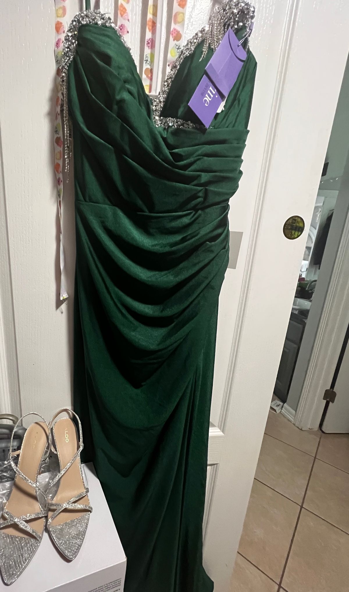 Cinderella Divine Size 12 Wedding Guest Off The Shoulder Green Side Slit Dress on Queenly