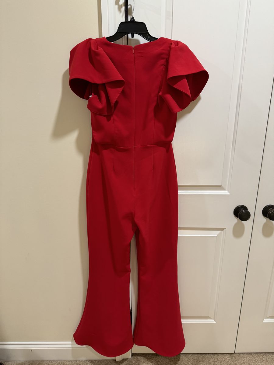 Jovani Size 6 Pageant Interview Cap Sleeve Red Formal Jumpsuit on Queenly
