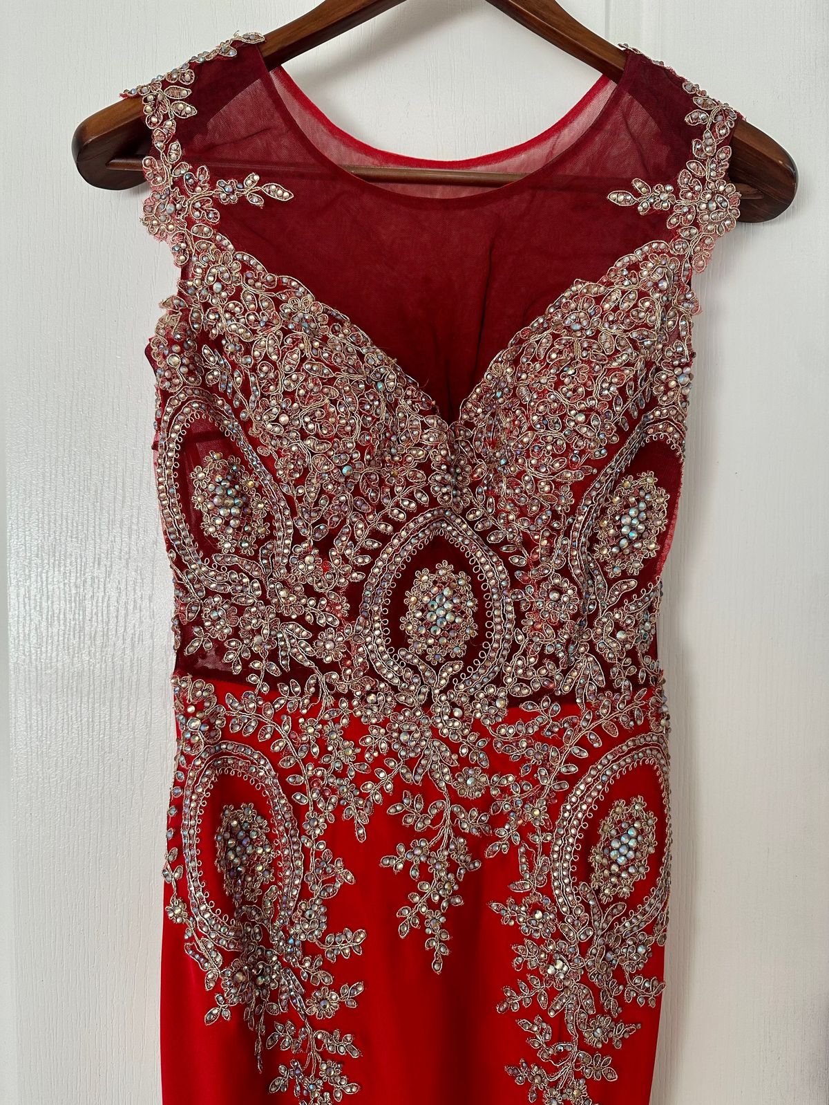 Size 8 Wedding Guest High Neck Red Dress With Train on Queenly