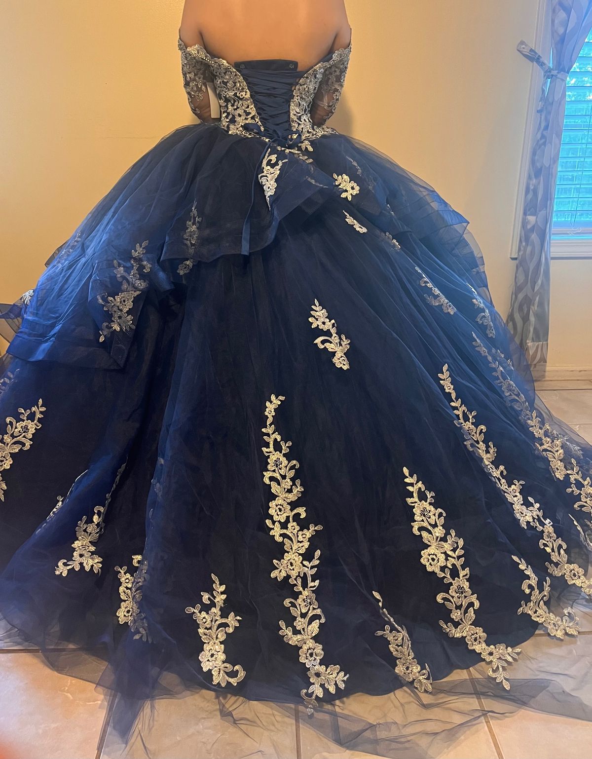 Size XS Halter Lace Navy Blue Ball Gown on Queenly