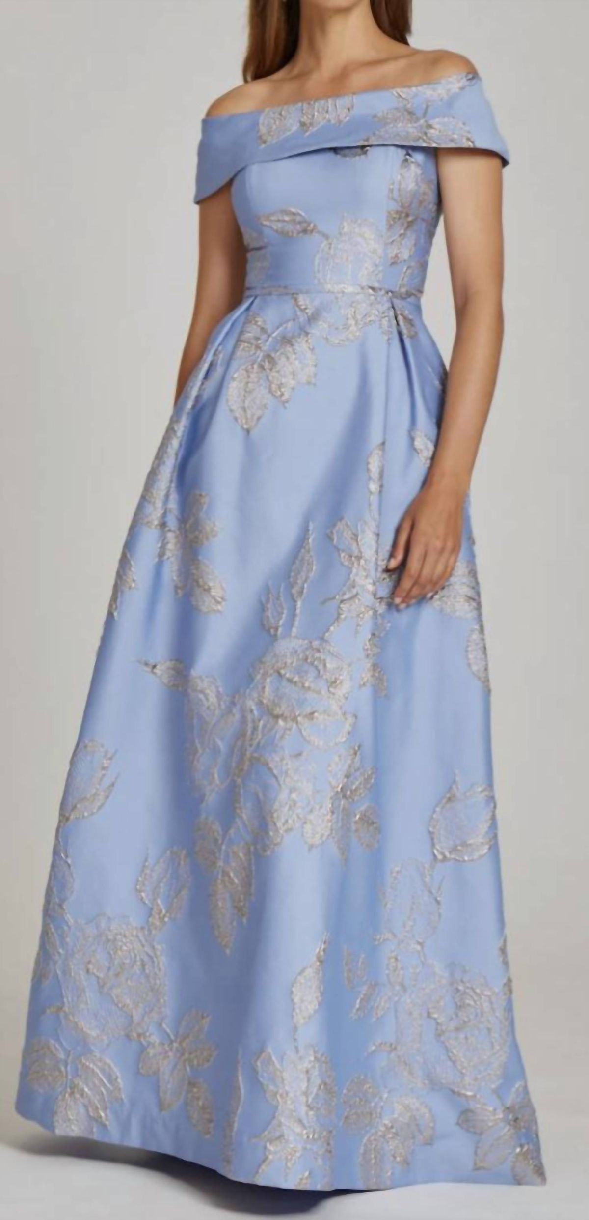 Style 1-4223718940-238 Teri Jon Size 12 Off The Shoulder Light Blue Floor Length Maxi on Queenly