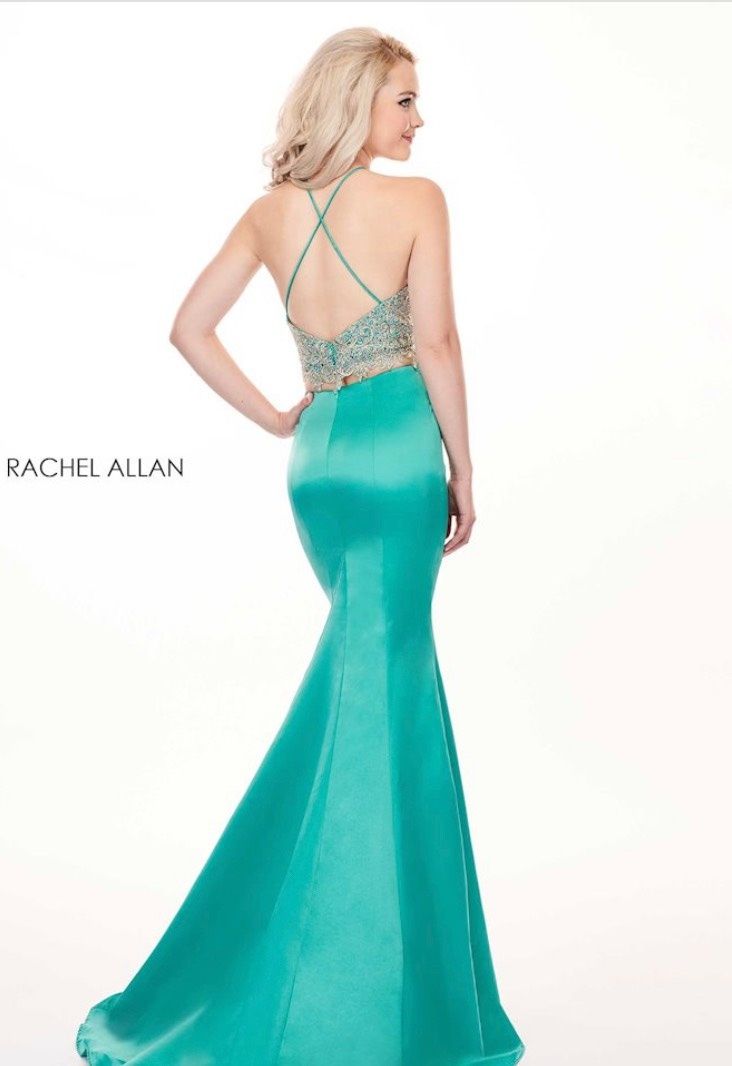 Style 6478 Rachel Allan Size 10 Halter Green Mermaid Dress on Queenly